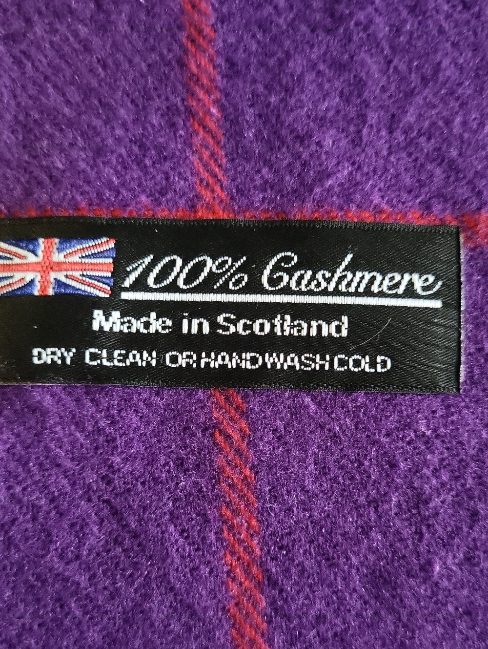 100% Cashmere Scarf - Purple with Red Stripe